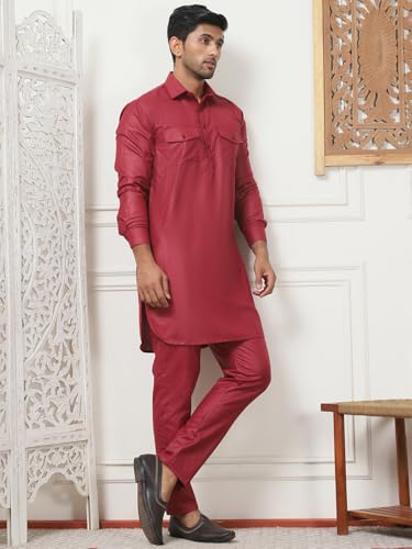 Maple Clothing Punjabi Kurta Pajama Set Pathani Mens Cotton Indian Clothes Bollywood Outfit - color: Maroon, size: Medium