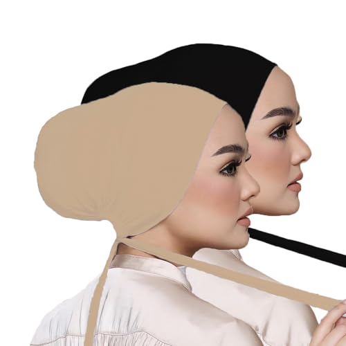 Women Under Scarf Hat Hijab Undercap Islamic Muslim Under Scarf Hijab Cap with Tie-Back Closure - color: Black+beige(2pcs)