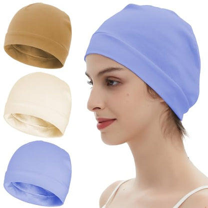 100% Cotton Skull Caps Beanie Bald Sleeping Hats for Men Women - color: 3pieces-brown,beige,light Blue