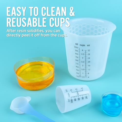 Silicone Resin Mixing 1L Measuring Cup Set for Resin Supplies, Easy-to-Read Marks, 1000ml/32oz Large Cup, 500&250&100ml Thickened Reusable Silicone Cups for Epoxy Mixing, Jewelry Making - size: 1000+500+2*250+4*100ml (Black Marks)