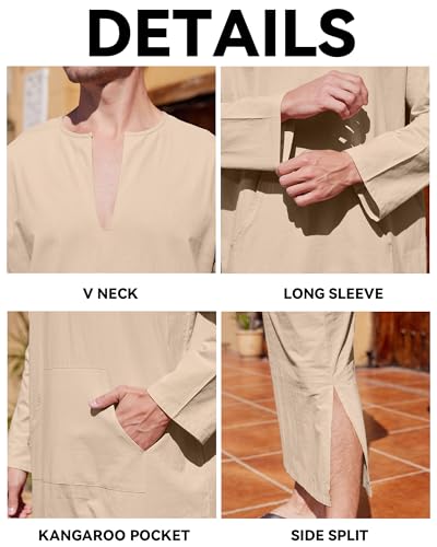 YAOHUOLE Men's Kaftan Thobe Long Sleeve Men Thobe Robe Side Split Men Thobe with Pockets Casual Thobe - color: Khaki-long Sleeve, size: XX-Large
