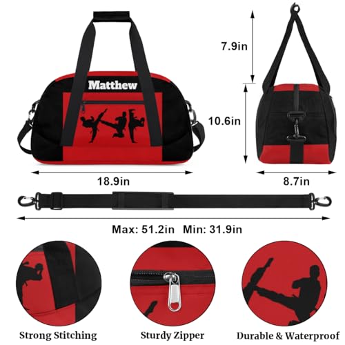 Custom Sports Gym Bag for Boys, Martial Art Silhouette Black Red | Personalized Named Practice Travel Overnight Training Bag - color: Color 1