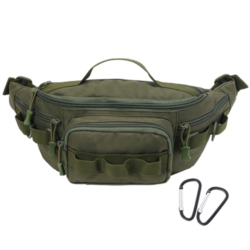 Tactical Fanny Pack,Small Fishing Tackle Bag Water-Resistant Military Waist Bags Portable Fishing Storage Waist Packs for Outdoor Fly Fishing Hiking Climbing with 2 PCS Mini Carabiners (Green) - color: Green