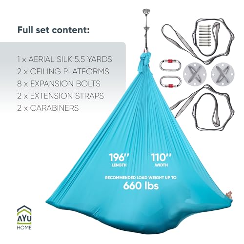 AyuHome Aerial Silks Kit for Home - Premium Yoga Swing for Adults with 660 lbs Capacity - Versatile Aerial Yoga Hammock for Gymnastics Training - color: Aerial silk - Blue New