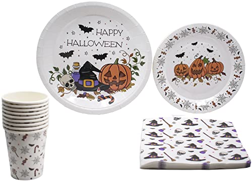 Halloween Fun Tableware Pack: Disposable Paper Plates, Napkins and Cups Set for 20 - color: Pumpkin Halloween