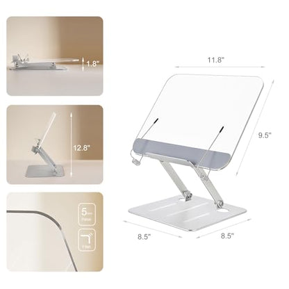 Acrylic Book Stand for Reading, Hands Free Foldable Desktop Book Holder, Height & Angle Adjustable Textbook Stand with Page Clips for Cookbook, Tablet, Music Scores