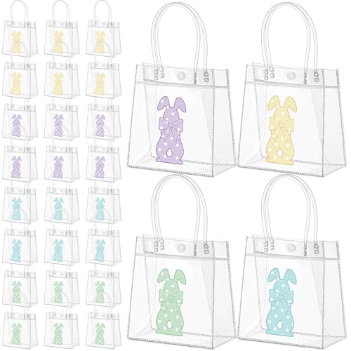 Aliceset 24pcs Happy Easter Gift Bags Bulk - Easter Clear PVC Bunny Gift Bags with Handle Reusable Candy Party Favor Totes for Snack Candy Treat Party Favor (Rabbit, 6.31"x 5.91"x 3.15") - style: Rabbit