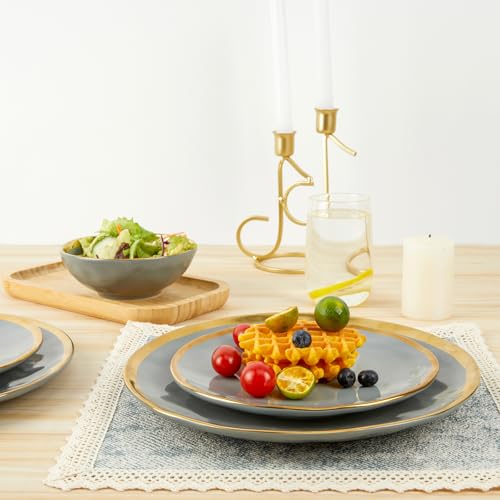Pokini Porcelain Luxury Dinnerware Sets, Modern Plates and Bowls Sets for 4, Highly Chip and Crack Resistant, Grey and Gold Rim China Dishes Set for Wedding Anniversary - color: Grey and Gold