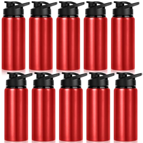10 Pack Sports Aluminum Water Bottles, 20oz Leak Proof with Snap Lids for Travel, Camping, Gym, Hiking, Fishing (Red) - color: Red