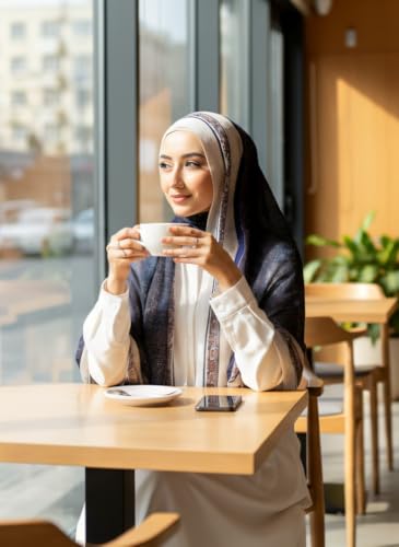 Hijab Modest and Elegant | Beautifully Designed Printed Chiffon Patterns | Muslim Women Head Scarf and Veil - color: Blue D