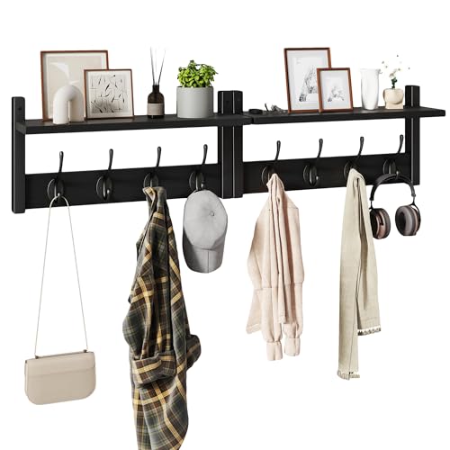 YMYNY Coat Rack Shelf Wall Mounted, Coat Hooks Set of 2, Entryway Coat Hanger with 8 Hooks, 31.5" Wall Floating Shelf with Hat Rack, for Kitchen, Bedroom, Bathroom, Black UHWS001B-2 - color: Black, size: 31.5"-2 pack
