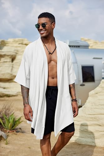 COOFANDY Men's Ruffle Shawl Collar Lightweight Cardigan Long Kimono Jackets Open Front Drape Cape Coat - color: White, size: Large