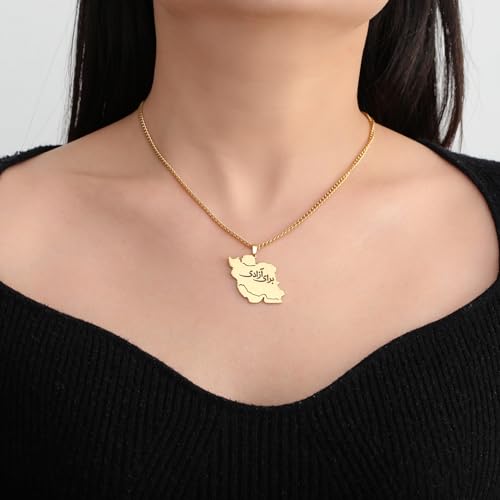 LIKGREAT Iran Map Necklace with Persian Calligraphy Stainless Steel Iranian Cultural Farsi Script Pendant Necklace Patriotic Peace Jewelry - color: 2-gold