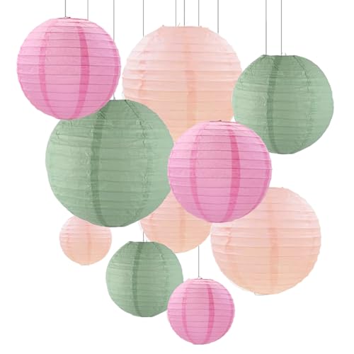ZOOYOO 10Pcs Paper Lanterns,Sage Green Pink Round Hanging Tissue Paper Lanterns Decorations for Boho Birthday,Graduation,Garden,Summer Party Garden Home Decor - color: Sage Green Pink