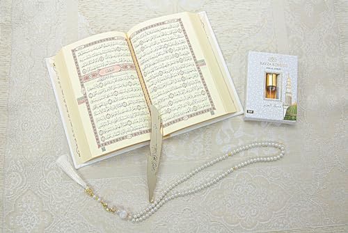 ihvan online Prayer Gift Set for Men & Women, Thin Soft Muslim Prayer Rug, Salah Mat, Beads Taasbih, Arabic Holy Quran, Islamic Gift Set for Ramadan & Eid, White - color: White