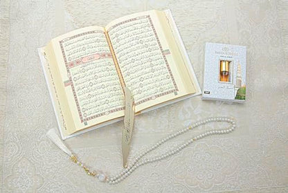 ihvan online Prayer Gift Set for Men & Women, Thin Soft Muslim Prayer Rug, Salah Mat, Beads Taasbih, Arabic Holy Quran, Islamic Gift Set for Ramadan & Eid, White - color: White