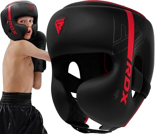 RDX Kids Boxing Headgear, MMA Training, Adjustable Padded Kara Muay Thai Juniors Head Gear, Kickboxing, Sparring, Martial Arts, Karate, Taekwondo Youth Girls Boys Helmet, Home Gym Workouts - color: Red