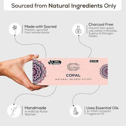 100% Natural Copal Incense Sticks 100 gm Pack, Charcoal Free –– Organic Non Toxic Insence Sticks, Made with Flowers - Meditation Gifts for Spiritual Cleansing - color: Copal