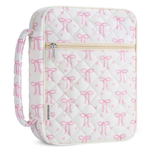 WOBAGMEN Bible Cover Case for Women,Large Bible Tote Bags Organizer Quilted Carrying Case for Girls,Bible Study Supplies Accessories Christian Gifts for Women (Pink Bow Heart, M) - color: Pink Bow Heart, size: M