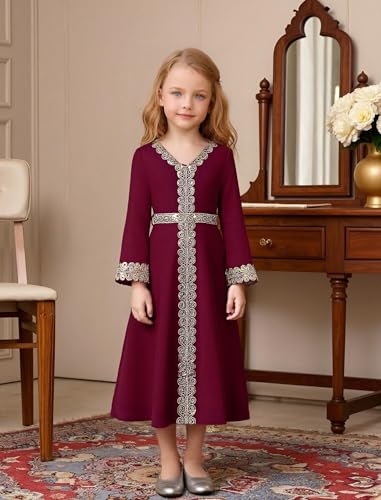 OBEEII Girls Muslim Abaya Ramadan Long Bell Sleeve V Neck Sequins Church Prayer Dress with Belt Islamic Eid Robe Kaftan - color: Wine Red-sequins, size: 10-11 Years