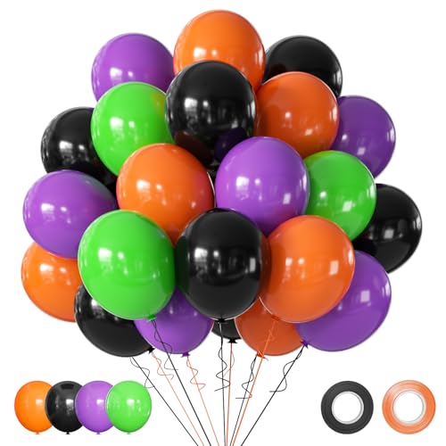 Halloween Party Balloons Set, 50Pcs 12 Inch Black Orange Purple Green Latex Balloons for Birthday, Halloween Party Decorations - color: Black Orange Purple Green