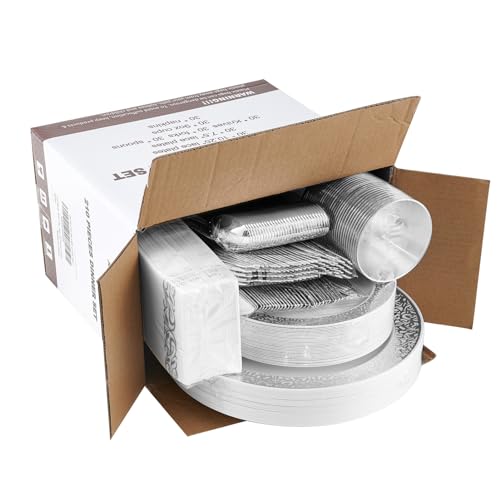 𝟐𝟏𝟎 Count Silver Plastic Dinnerware, Silver Disposable Plates, Includes 30 Dinner & 30 Dessert Plates & 30 Cups & 30 Paper Napkins & 30 Plastic Silverware Set - color: Silver