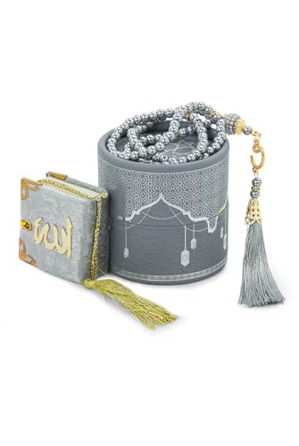 ihvan online Mini Quran & Tesbih Gift Set with Cylinder Box – 99 Pearl Muslim Prayer Beads, Misbaha Tasbeeh Sibha Mala – Islamic Ramadan, Eid & Mawlid Gift for Men & Women, Gray - color: Gray