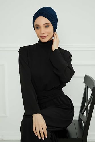 Aisha's Design Instant Turban Head Wraps for Women, Combed Cotton Scarf Lightweight Pre tied Hijab with Back Rose Detail - color: Navy Blue
