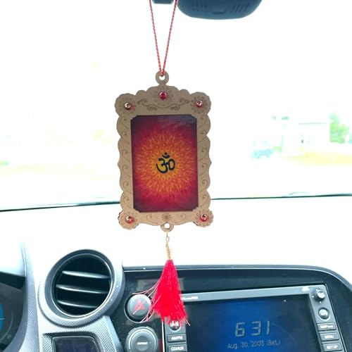 LoveNspire Hindu Car Hanging Ornament Hanger Photo Frame Rear View Mirror Charm Interior Decoration Accessories Car Dashboard Decor Ganesha Krishna Hanuman Om Balaji Shiv (Pack of 1) - style: Om