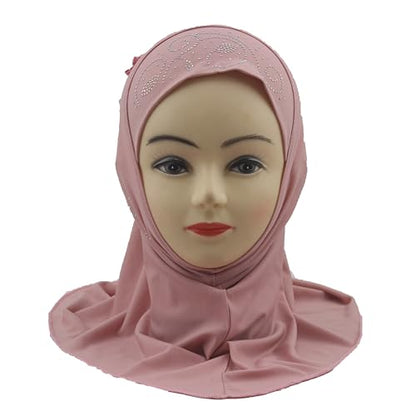 Instant Hijab for Kids Girls Hijabs Muslim Islamic Head Scarf with Rhinestone and Flowers - color: Dark Pink