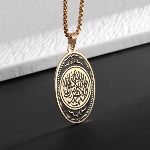 Exquisite Stainless Steel Islamic Muslim Quran Verse Oval Pendant Necklace for Men Women Ramadhan Amulet Jewelry - color: golden