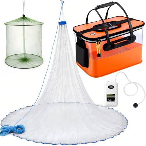 3 Pcs Fishing Bucket, Live Bait Aerator and Fishing Cast Net with Heavy Duty Sinker Foldable Live Bait Bucket Portable Quiet Aerator Fish Transport Container Outdoor EVA Bag - color: Orange, size: 4 Gallon