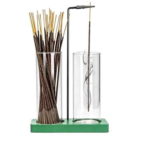 2 in 1 Incense Holder for Sticks Incense Burner Holder with Storage,Glass Upside Down Incense Holder for Sticks with Glass Ash Catcher for Meditation Yoga Spa Room Home Decor[2 Long Green] - color: Green, size: 2 tall glass