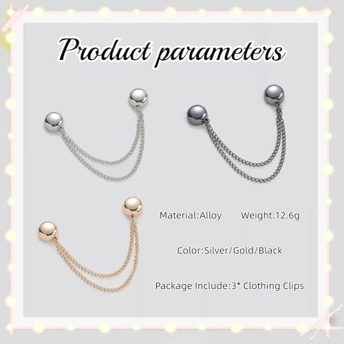 GAUEIOUR 3PCS Magnetic Clothing Clips, Multi-Function Magnetic Pinless Clothing Clips, Hem Shawl T-Shirt Hem Shirt Sleeve Magnetics Seam Free Fastening Decoration Buckle (Silver/Gold/Black)