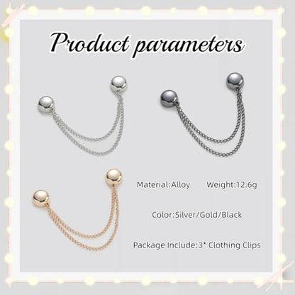 GAUEIOUR 3PCS Magnetic Clothing Clips, Multi-Function Magnetic Pinless Clothing Clips, Hem Shawl T-Shirt Hem Shirt Sleeve Magnetics Seam Free Fastening Decoration Buckle (Silver/Gold/Black)