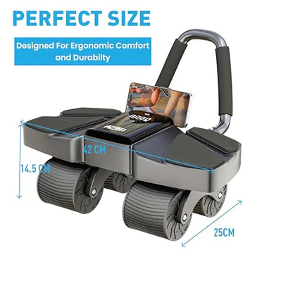 Ab Roller Home Gym Equipment – 4 Wheels Ab Wheel Muscle Roller with Automatic Rebound, Yoga Stretching Strap, 3 Resistance Bands – Comfortable Elbow Support with Non-Slip Handles – Built-in Workout Tracker - color: Black New + 3 Bands + 1 Strap