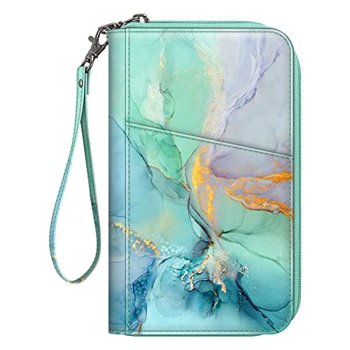 FINTIE Family Passport Holder Wallet Travel Document Organizer Clutch Bag - color: Emerald Marble