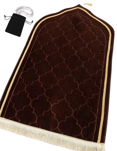 Islamika Prayer Mat Islamic Muslim Rug - Thick Padded mat Sajadah Men Women with Islam Prayer Beads for Eid Travel Ramadan, Soft and Padded (Brown) - color: Brown