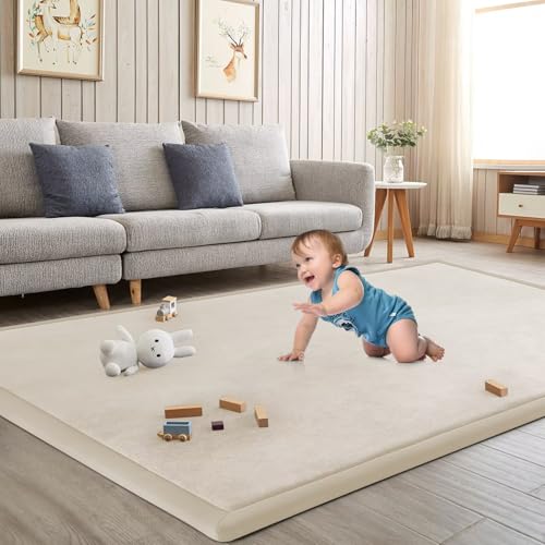 Baby Play Mat for Floor Nursery Rug Muscle Mat Area Rug Playroom Rug 79"x110" Playpen Mat Elastic Foam 1.3" Thick Crawling Mat for Babies,Toddlers, Infants, Kids,A Beige - color: A Beige, size: 79"x110"