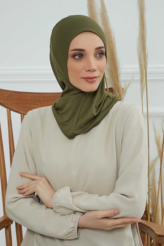 Aisha's Design Instant Turban 95% Cotton Head Scarf Headwear Combed Cotton Ninja Cap, Slip on Jersey Hijab - color: Olive Green