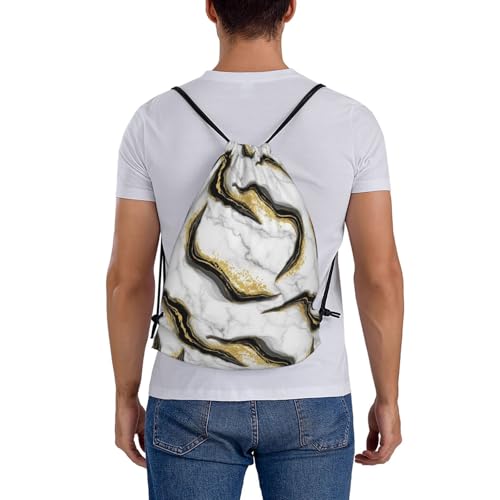 Water Resistant Gym Sack, Gold Black And White Marble, Drawstring Backpack with Zipper Pocket for Workout and Training - color: Pattern (376)