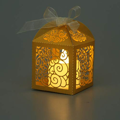 KPOSIYA 100 Pack Wedding Favor Boxes Laser Cut Boxes Party Favor Box Small Gift Boxes Lace Candy Boxes for Wedding Bridal Shower Baby Shower Birthday Party Anniverary with Ribbons (Gold, 100) - color: Gold 100
