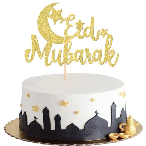 1 PCS Eid Mubarak Cake Topper Glitter Moon Star Ramadan Kareem Cake Pick Hajj Mubarak Eid Cake Decoration for Eid Islamic Muslim Theme Party Decorations Supplies Gold - color: Design 6 Gold