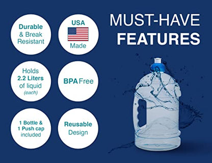 Arrow H2O On The Go Water Bottle, 2.2 Liter - Clear Plastic Bottle with Push Cap & Built-In Handle - Leakproof Design - Ideal for Gym & Sports - BPA Free - Made in USA