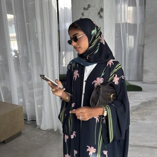 Long Chiffon Cardigan Abayas for Women's Muslim Kaftan | Applique Flower, Hijabs Dress - color: Black
