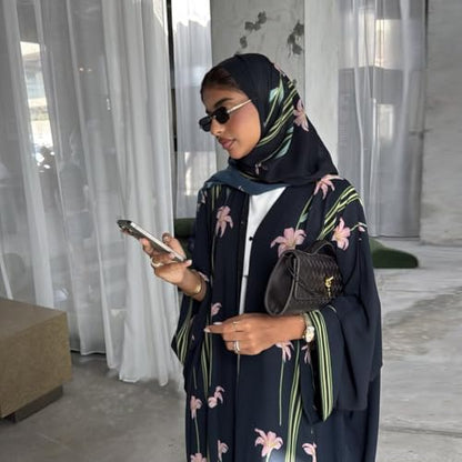 Long Chiffon Cardigan Abayas for Women's Muslim Kaftan | Applique Flower, Hijabs Dress - color: Black