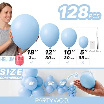 PartyWoo 라이트 블루 풍선 128피스 다양한 사이즈 45.7cm(18인치), 30.5cm(12인치), 25.4cm(10인치), 12.7cm(5인치) 베이비 파스텔 스카이 아쿠아 블루 풍선 아치 키트 화환 생일 성별 공개 베이비 샤워 졸업 파티 장식 블루-Y4 - color: 블루-y4