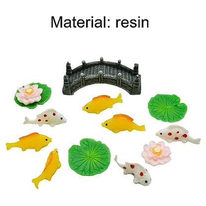29Pcs Mini Koi Fish Lotus and Water Lily Pad Figurines Miniature Artificial Pond Accessories Resin Cake Toppers Set for DIY Micro Moss Landscape
