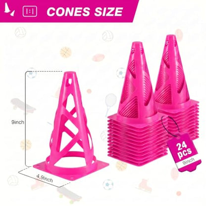 24 Pack Soccer Cones, 9 Inch Agility Cones for Soccer, Football, Basketball, Cones for Sports Training, Speed & Agility Drills, Field Marking Equipment - color: pink
