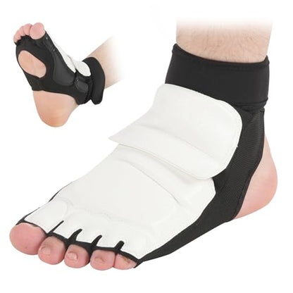 Taekwondo Foot Protector Gear, PU Leather Martial Arts Foot Guard, 1 Pair for Men Women - Adjustable Ankle Support, Breathable Half Finger Design, Training and Competition Use